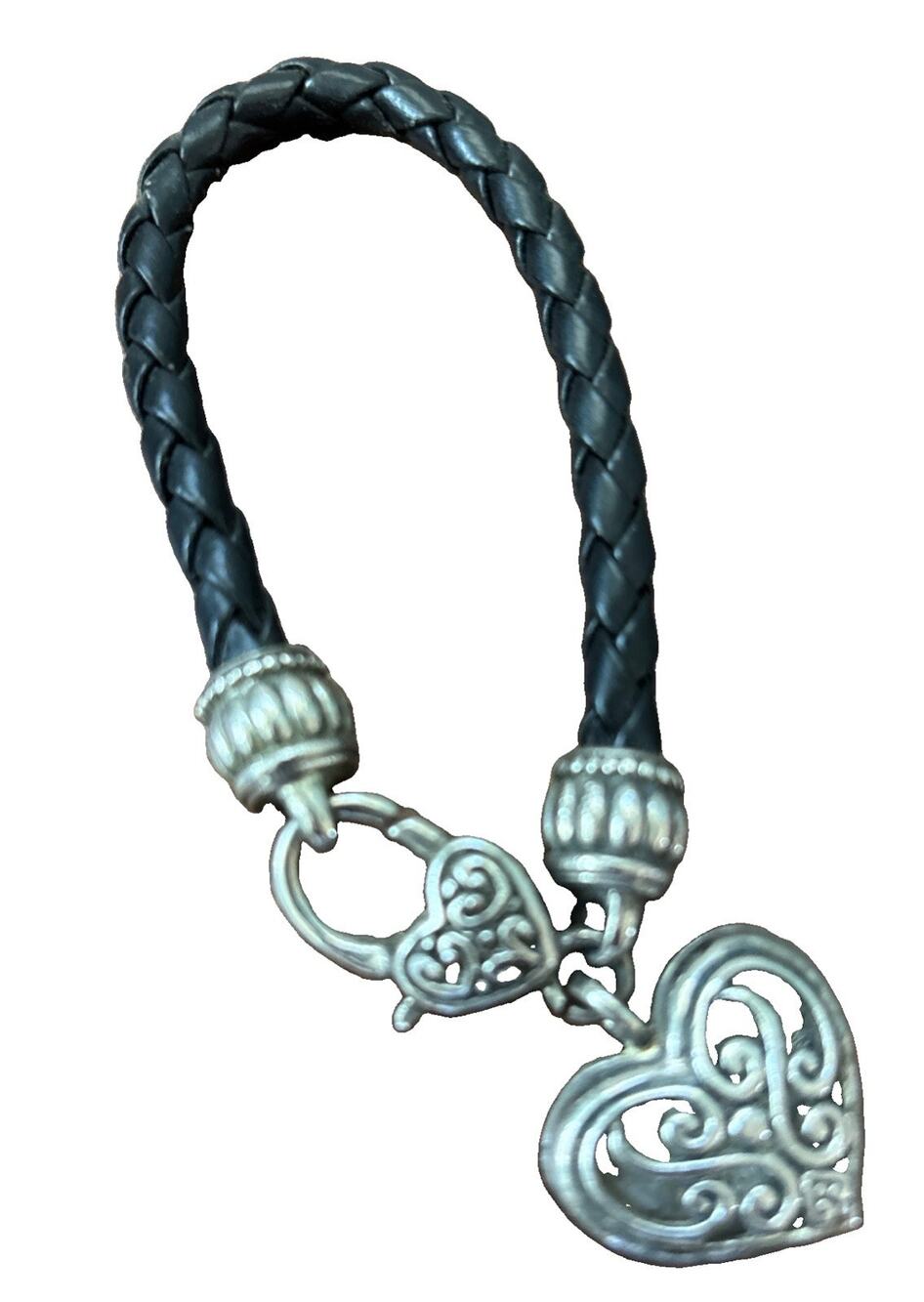 Brighton Filigree Heart & Braided Black Leather Silver Tone Charm 7" Bracelet